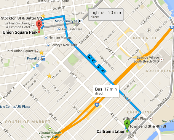 Caltrain Bus map to Union Square
